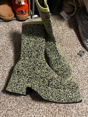 Charles & Keith Black and Neon Green Speckled Block Heel Sock Boots